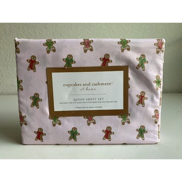 Cupcakes & Cashmere QUEEN SIZE Pink Gingerbread Cookie Christmas Sheet Set NEW - Picture 1 of 12